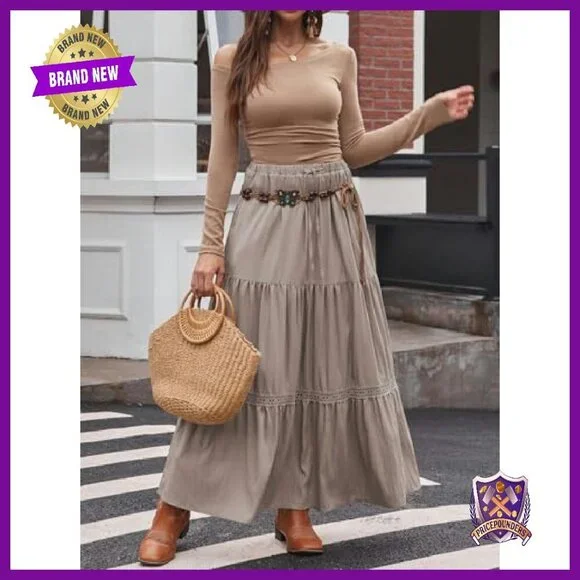 Boho Lace Trim Maxi Skirt with Pockets, Tiered Swing A-Line - Picture 6 of 7